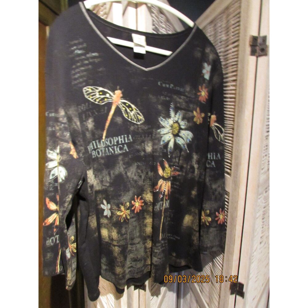 Jess & Jane made in USA Black top blouse size 2x botanic dragonfly black studs